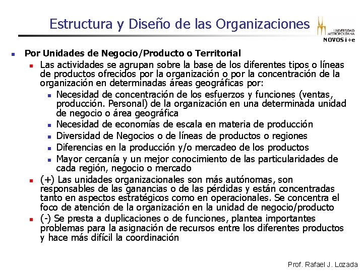 Estructura y Diseño de las Organizaciones NOVOS i+e n Por Unidades de Negocio/Producto o Estructura y Diseño de las Organizaciones NOVOS i+e n Por Unidades de Negocio/Producto o