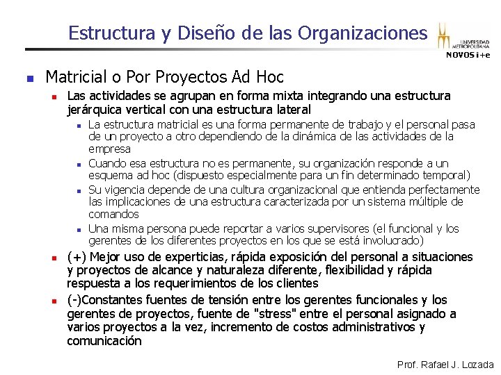 Estructura y Diseño de las Organizaciones NOVOS i+e n Matricial o Por Proyectos Ad Estructura y Diseño de las Organizaciones NOVOS i+e n Matricial o Por Proyectos Ad