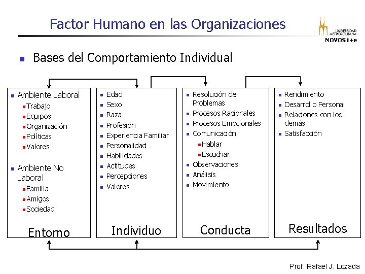 Factor Humano en las Organizaciones NOVOS i+e n n Bases del Comportamiento Individual Ambiente Factor Humano en las Organizaciones NOVOS i+e n n Bases del Comportamiento Individual Ambiente