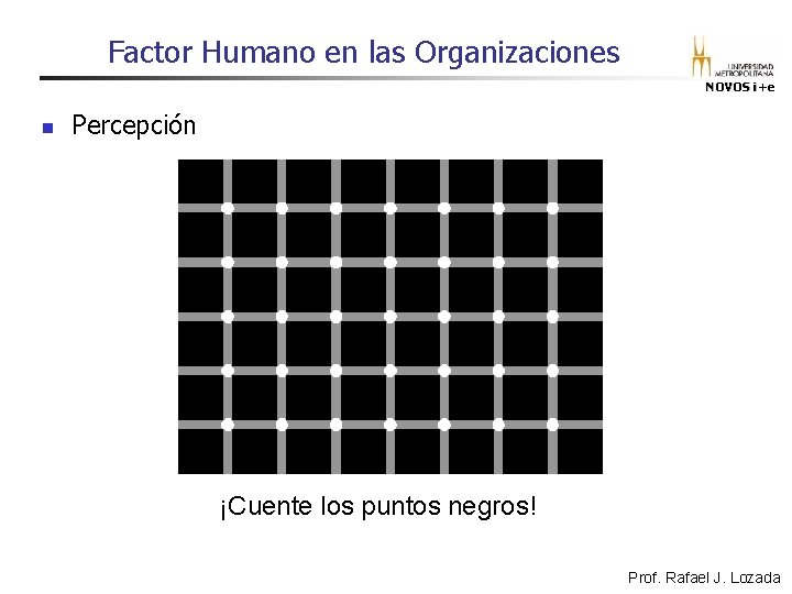Factor Humano en las Organizaciones NOVOS i+e n Percepción ¡Cuente los puntos negros! Prof. Factor Humano en las Organizaciones NOVOS i+e n Percepción ¡Cuente los puntos negros! Prof.