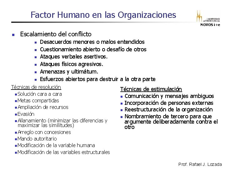Factor Humano en las Organizaciones NOVOS i+e n Escalamiento del conflicto n n n Factor Humano en las Organizaciones NOVOS i+e n Escalamiento del conflicto n n n