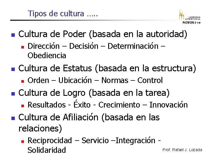 Tipos de cultura …. . NOVOS i+e n Cultura de Poder (basada en la Tipos de cultura …. . NOVOS i+e n Cultura de Poder (basada en la