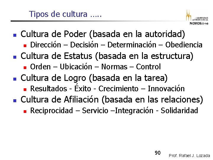 Tipos de cultura …. . NOVOS i+e n Cultura de Poder (basada en la Tipos de cultura …. . NOVOS i+e n Cultura de Poder (basada en la