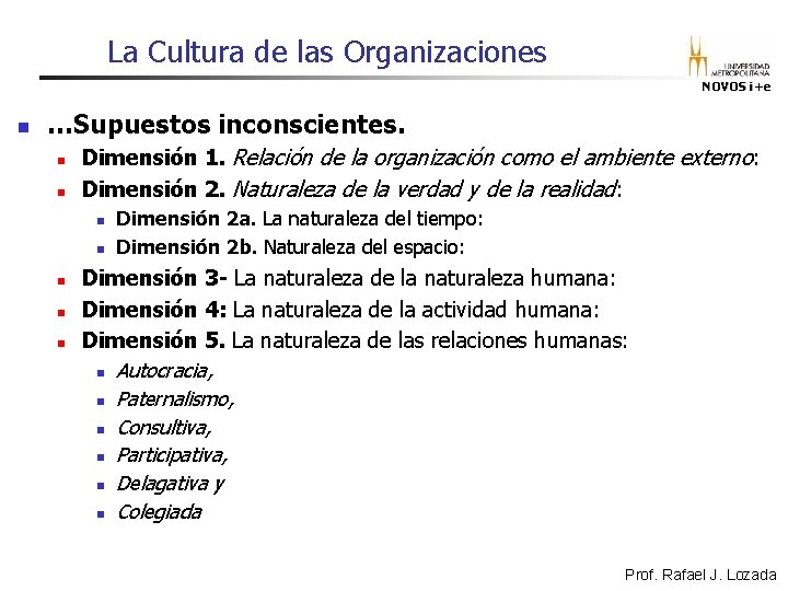 La Cultura de las Organizaciones NOVOS i+e n …Supuestos inconscientes. n n Dimensión 1. La Cultura de las Organizaciones NOVOS i+e n …Supuestos inconscientes. n n Dimensión 1.