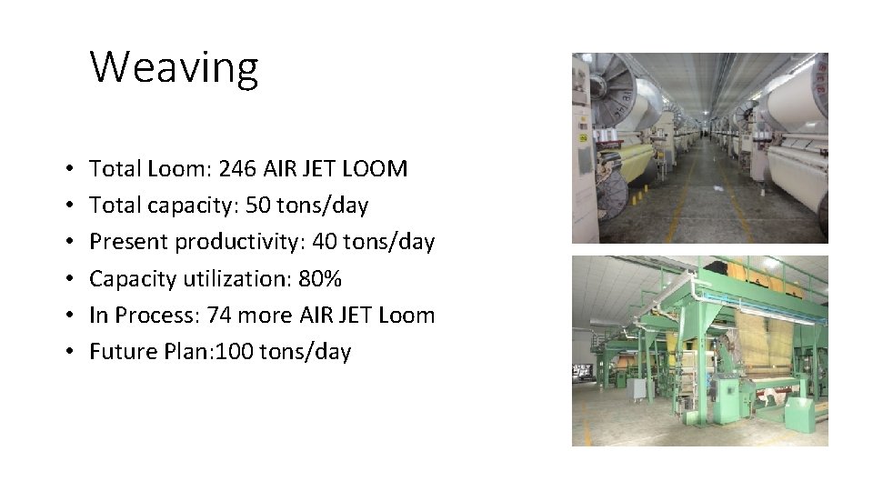 Weaving • • • Total Loom: 246 AIR JET LOOM Total capacity: 50 tons/day Weaving • • • Total Loom: 246 AIR JET LOOM Total capacity: 50 tons/day