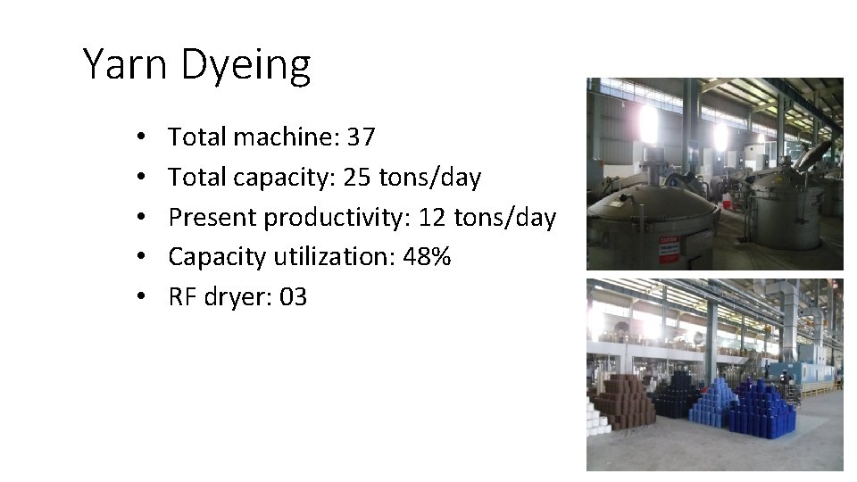 Yarn Dyeing • • • Total machine: 37 Total capacity: 25 tons/day Present productivity: Yarn Dyeing • • • Total machine: 37 Total capacity: 25 tons/day Present productivity: