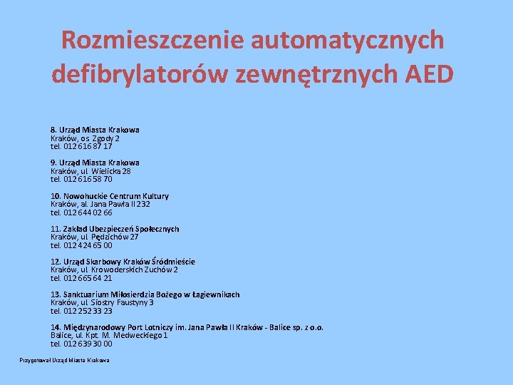 Rozmieszczenie automatycznych defibrylatorów zewnętrznych AED 8. Urząd Miasta Krakowa Kraków, os. Zgody 2 tel.