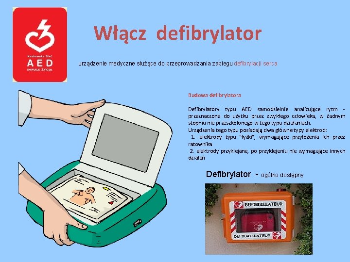 Włącz defibrylator urządzenie medyczne służące do przeprowadzania zabiegu defibrylacji serca Budowa defibrylatora Defibrylatory typu