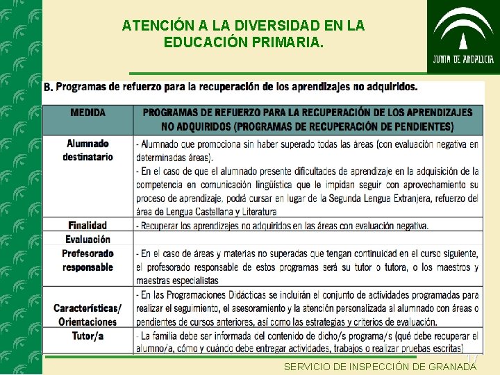 ATENCIÓN A LA DIVERSIDAD EN LA EDUCACIÓN PRIMARIA. 17 SERVICIO DE INSPECCIÓN DE GRANADA