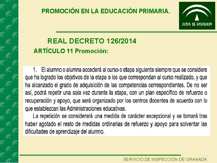 PROMOCIÓN EN LA EDUCACIÓN PRIMARIA. REAL DECRETO 126/2014 ARTÍCULO 11 Promoción: 22 SERVICIO DE