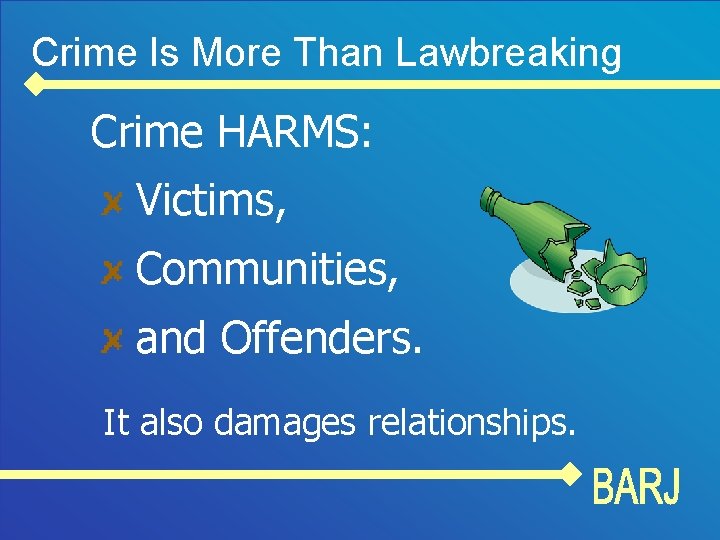 Crime Is More Than Lawbreaking Crime HARMS: Victims, Communities, and Offenders. It also damages