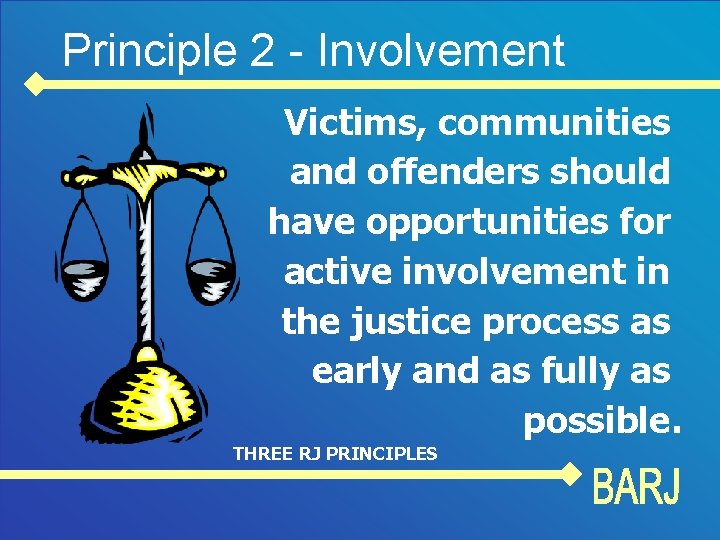 Principle 2 - Involvement Victims, communities and offenders should have opportunities for active involvement