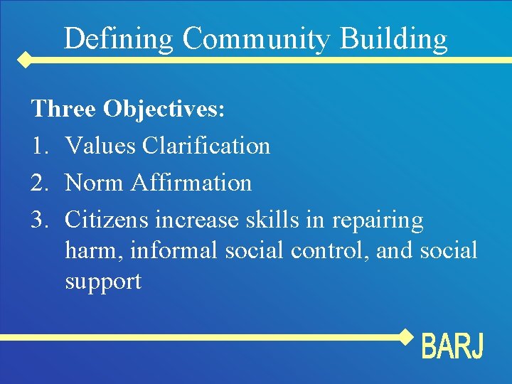 Defining Community Building Three Objectives: 1. Values Clarification 2. Norm Affirmation 3. Citizens increase