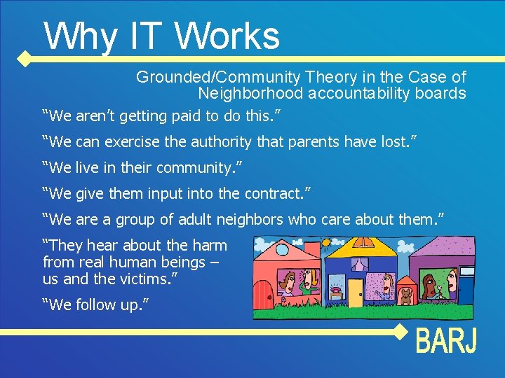 Why IT Works Grounded/Community Theory in the Case of Neighborhood accountability boards “We aren’t