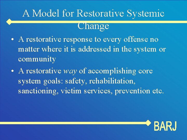 A Model for Restorative Systemic Change • A restorative response to every offense no