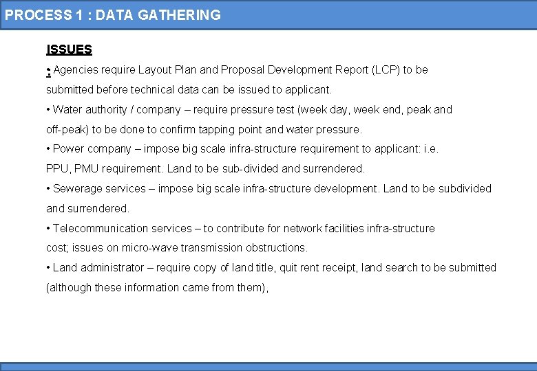 PROCESS 1 : DATA GATHERING ISSUES • : Agencies require Layout Plan and Proposal