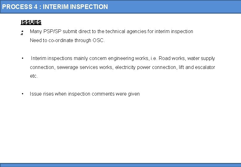 PROCESS 4 : INTERIM INSPECTION ISSUES : • Many PSP/SP submit direct to the