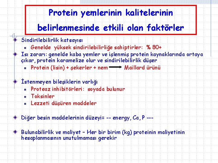 Protein yemlerinin kalitelerinin belirlenmesinde etkili olan faktörler Sindirilebilirlik katsayısı n Genelde yüksek sindirilebilirliğe sahiptirler: