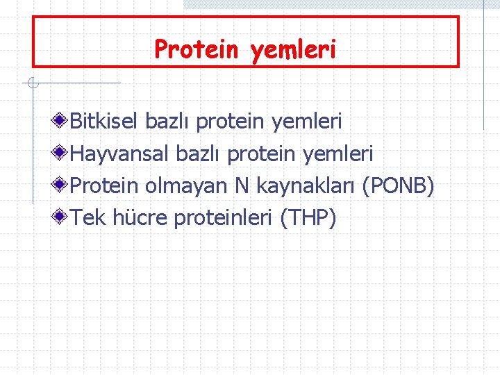 Protein yemleri Bitkisel bazlı protein yemleri Hayvansal bazlı protein yemleri Protein olmayan N kaynakları