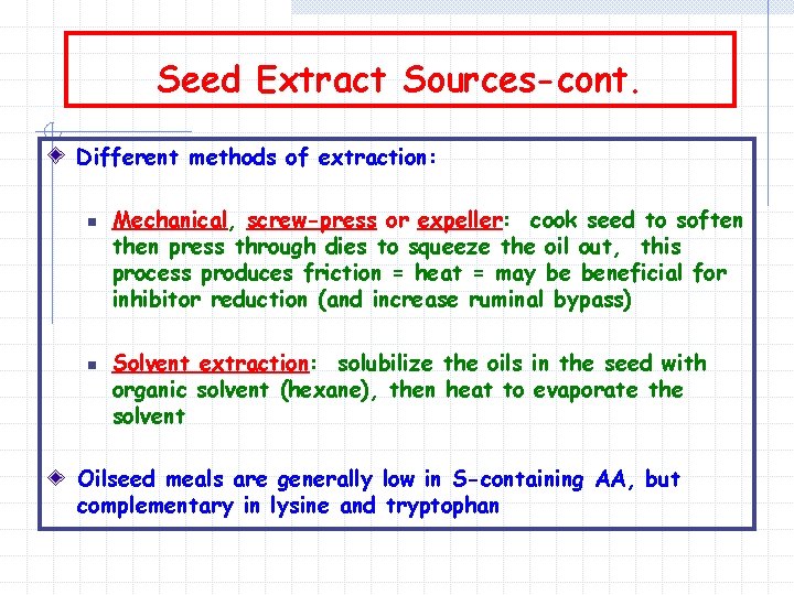 Seed Extract Sources-cont. Different methods of extraction: n n Mechanical, screw-press or expeller: cook