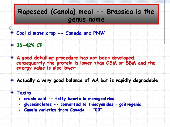 Rapeseed (Canola) meal -- Brassica is the genus name Cool climate crop -- Canada