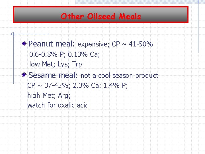 Other Oilseed Meals Peanut meal: expensive; CP ~ 41 -50% 0. 6 -0. 8%