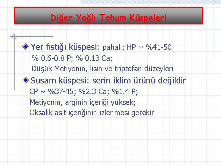 Diğer Yağlı Tohum Küspeleri Yer fıstığı küspesi: pahalı; HP ~ %41 -50 % 0.