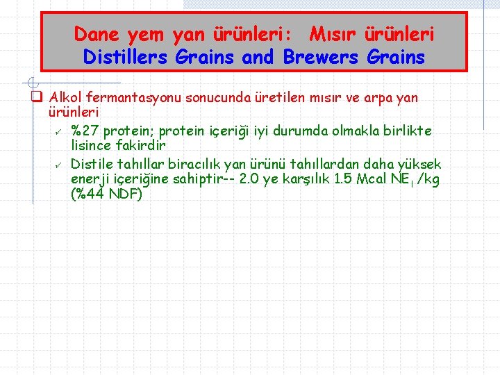 Dane yem yan ürünleri: Mısır ürünleri Distillers Grains and Brewers Grains q Alkol fermantasyonu