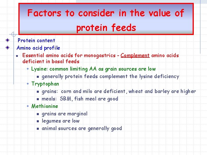 Factors to consider in the value of protein feeds Protein content Amino acid profile