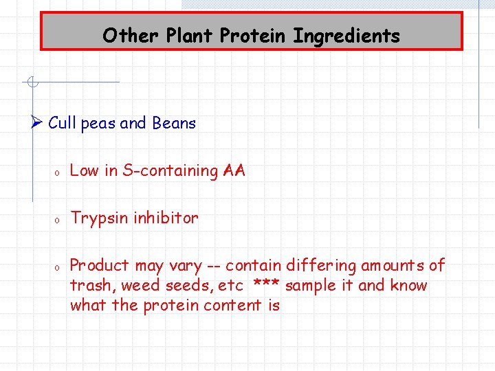 Other Plant Protein Ingredients Ø Cull peas and Beans o Low in S-containing AA