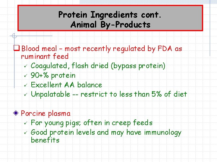 Protein Ingredients cont. Animal By-Products q Blood meal – most recently regulated by FDA