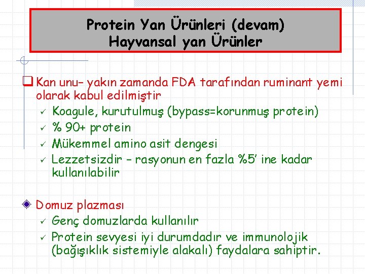 Protein Yan Ürünleri (devam) Hayvansal yan Ürünler q Kan unu– yakın zamanda FDA tarafından