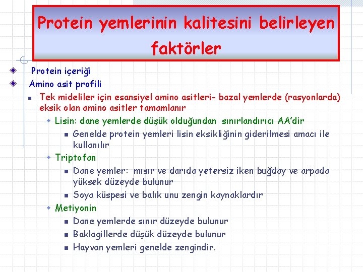 Protein yemlerinin kalitesini belirleyen faktörler Protein içeriği Amino asit profili n Tek mideliler için