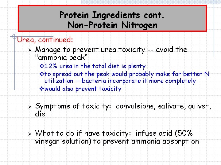 Protein Ingredients cont. Non-Protein Nitrogen Urea, continued: Ø Manage to prevent urea toxicity --