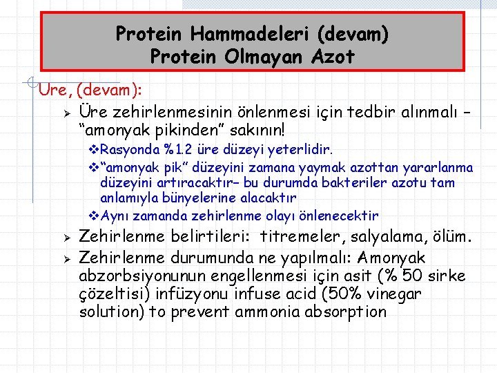 Protein Hammadeleri (devam) Protein Olmayan Azot Ure, (devam): Ø Üre zehirlenmesinin önlenmesi için tedbir