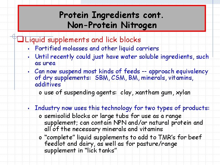 Protein Ingredients cont. Non-Protein Nitrogen q Liquid supplements and lick blocks § § Fortified