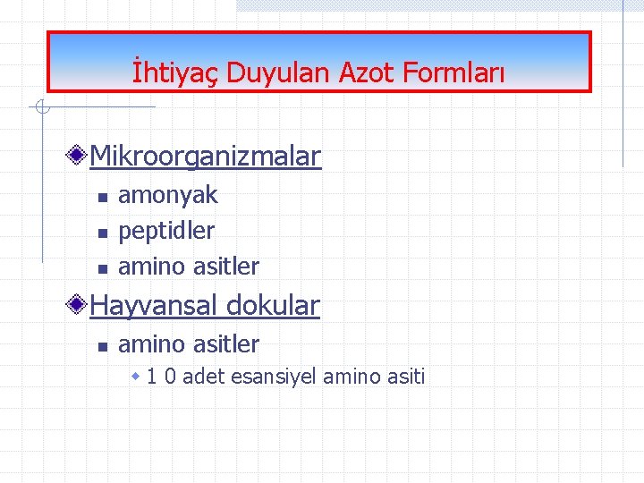 İhtiyaç Duyulan Azot Formları Mikroorganizmalar n n n amonyak peptidler amino asitler Hayvansal dokular