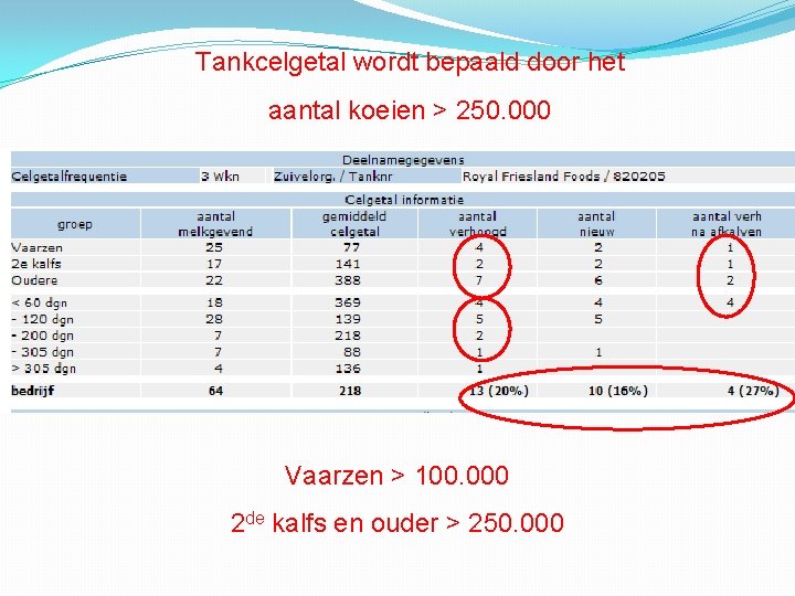 Tankcelgetal wordt bepaald door het aantal koeien > 250. 000 Vaarzen > 100. 000 Tankcelgetal wordt bepaald door het aantal koeien > 250. 000 Vaarzen > 100. 000