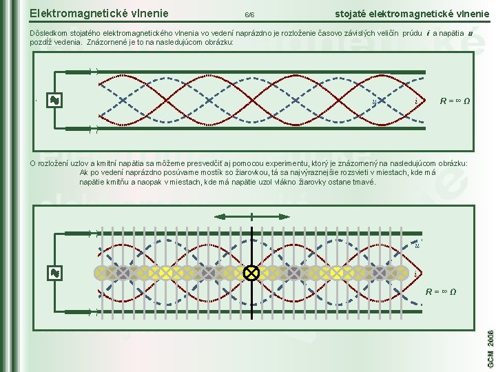 Elektromagnetické vlnenie 6/6 stojaté elektromagnetické vlnenie Dôsledkom stojatého elektromagnetického vlnenia vo vedení naprázdno je