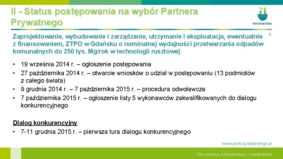 II - Status postępowania na wybór Partnera Prywatnego Zaprojektowanie, wybudowanie i zarządzanie, utrzymanie i