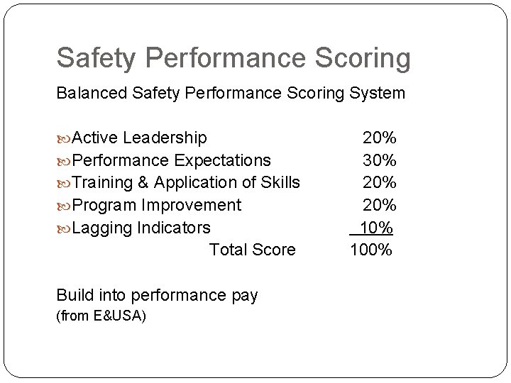 Safety Performance Scoring Balanced Safety Performance Scoring System Active Leadership Performance Expectations Training & Safety Performance Scoring Balanced Safety Performance Scoring System Active Leadership Performance Expectations Training &