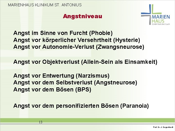 MARIENHAUS KLINIKUM ST. ANTONIUS Angstniveau Angst im Sinne von Furcht (Phobie) Angst vor körperlicher