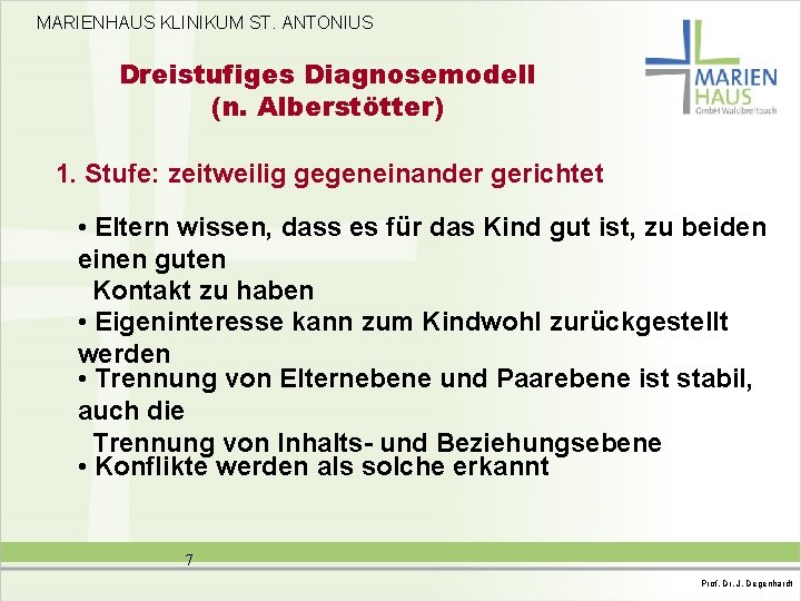 MARIENHAUS KLINIKUM ST. ANTONIUS Dreistufiges Diagnosemodell (n. Alberstötter) 1. Stufe: zeitweilig gegeneinander gerichtet •