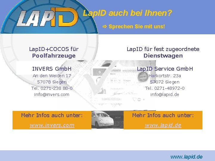 Lap. ID auch bei Ihnen? Sprechen Sie mit uns! Lap. ID+COCOS für Poolfahrzeuge Lap.