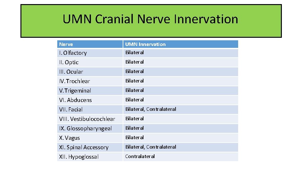 UMN Cranial Nerve Innervation Nerve I. Olfactory II. Optic III. Ocular IV. Trochlear V.