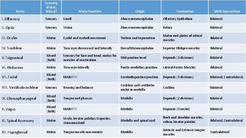 Nerve Sensory, Motor, Mixed? Major Function Origin Termination UMN Innervation I. Olfactory Sensory Smell