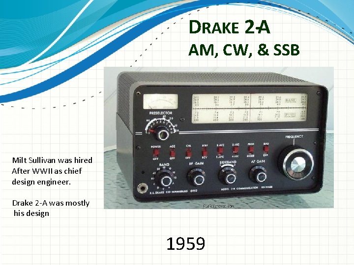 DRAKE 2 -A AM, CW, & SSB Milt Sullivan was hired After WWII as