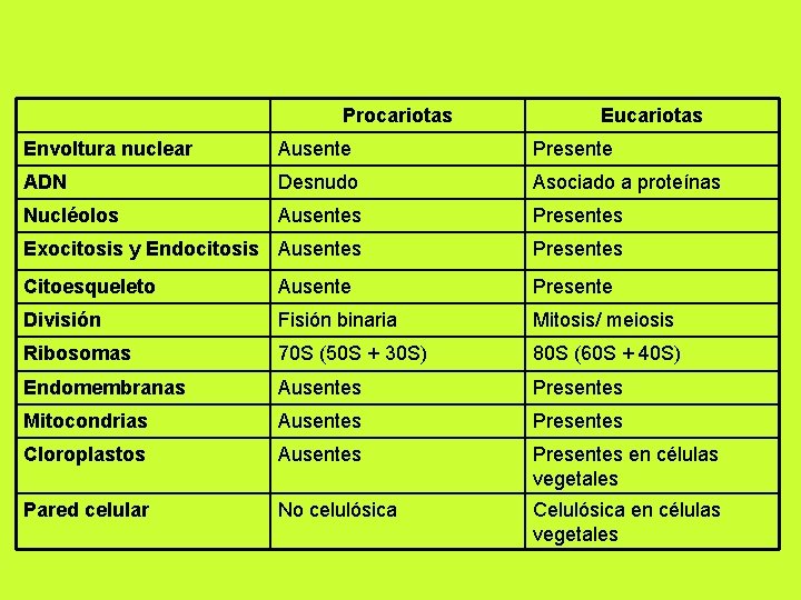 Procariotas Eucariotas Envoltura nuclear Ausente Presente ADN Desnudo Asociado a proteínas Nucléolos Ausentes Presentes