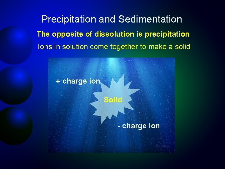 Precipitation and Sedimentation The opposite of dissolution is precipitation Ions in solution come together