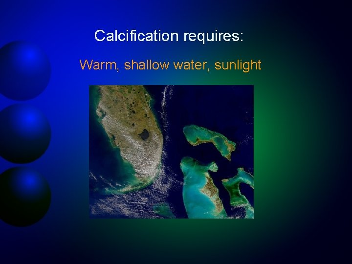 Calcification requires: Warm, shallow water, sunlight 